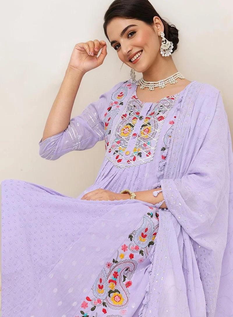آي شين Women's Lilac 100% Cotton Embellished Tunic Full Length Casual Straight Fit Kurta Set